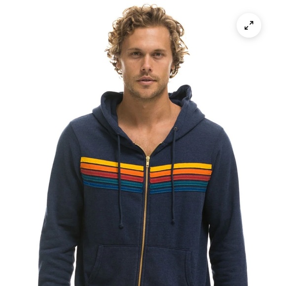 Aviator Nation Navy Blue Hooded Sweater with Multicolor Stripes sz Large - Picture 4 of 14